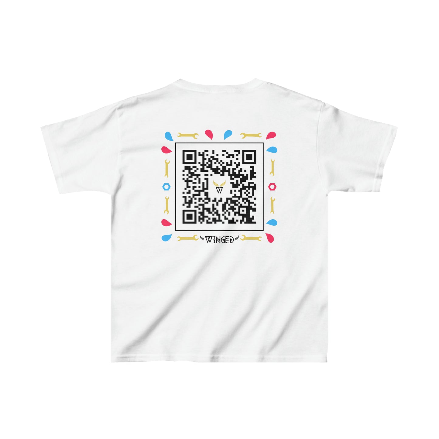 ROBOT Kids T-shirt with Wings in Augmented Reality QR code that displays digital wings when pointed with the camera