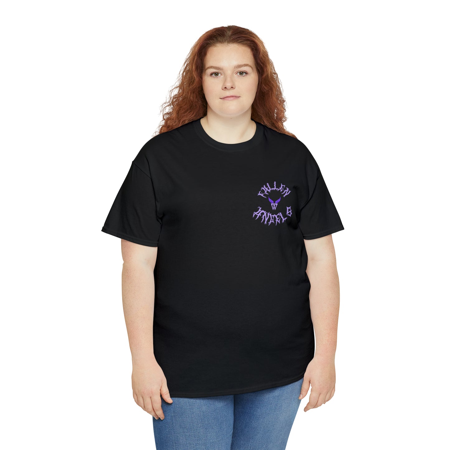 Augmented Reality T-shirt for adults with QR code that displays digital DEMON wings when pointed with the camera New Trend in Digital Fashion woman