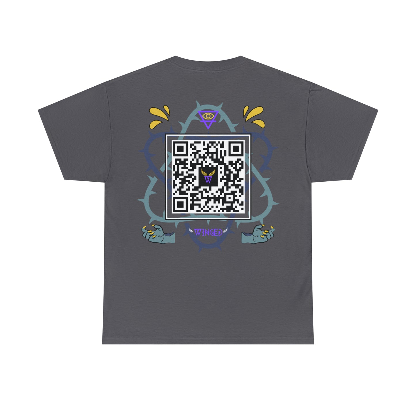 Augmented Reality T-shirt for adults with QR code that displays digital DEMON wings when pointed with the camera New Trend in Digital Fashion