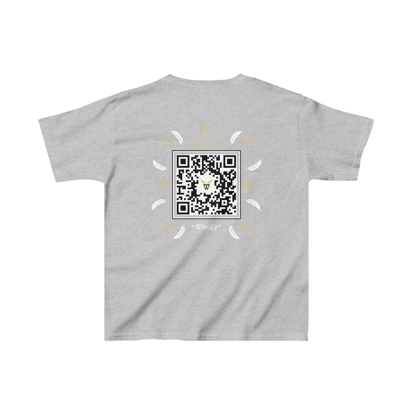 ANGEL Kids T-shirt with Wings in Augmented Reality QR code that displays digital wings when pointed with the camera