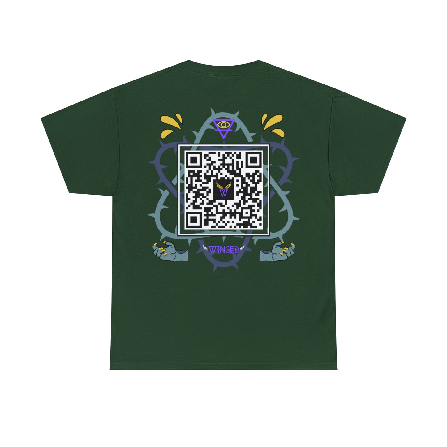 Augmented Reality T-shirt for adults with QR code that displays digital DEMON wings when pointed with the camera New Trend in Digital Fashion