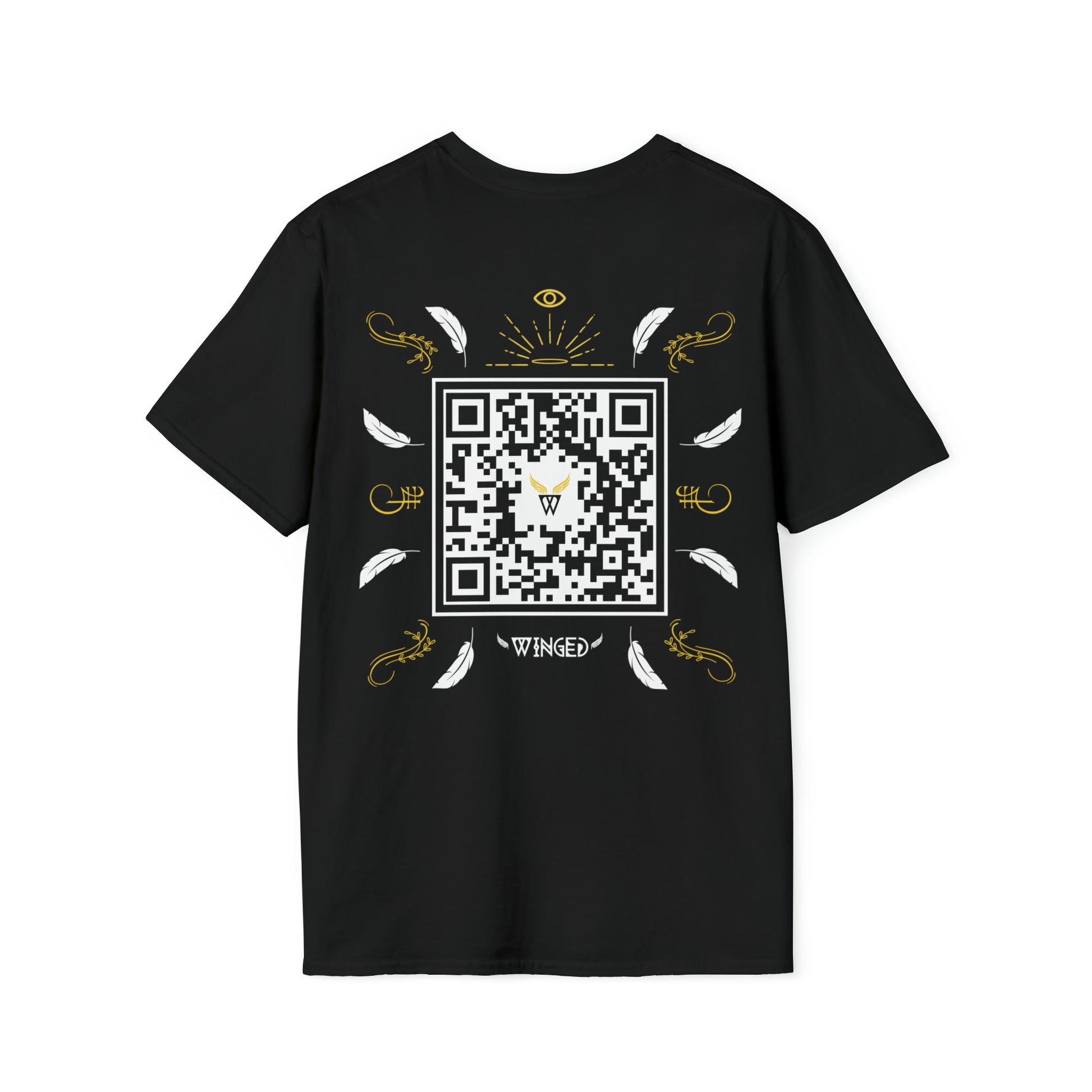 Augmented Reality T-shirt for adults with QR code that displays digital ANGEL wings when pointed with the camera New Trend in Digital Fashion