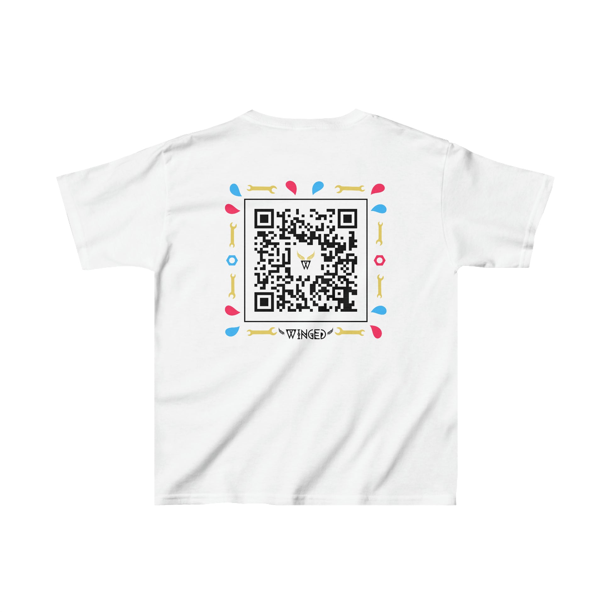 ROBOT Kids T-shirt with Wings in Augmented Reality QR code that displays digital wings when pointed with the camera