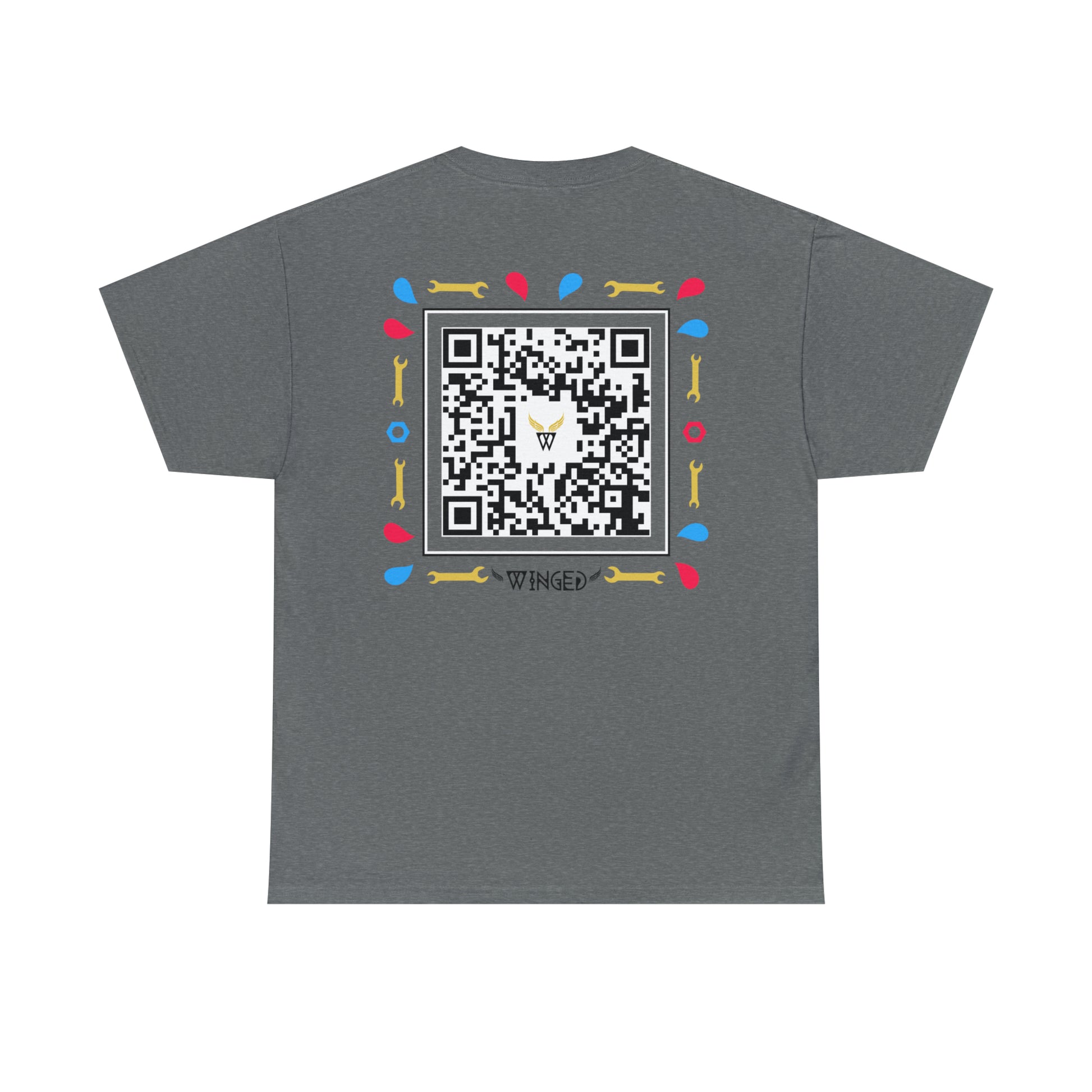Augmented Reality T-shirt for adults with QR code that displays digital ROBOT wings when pointed with the camera New Trend in Digital Fashion