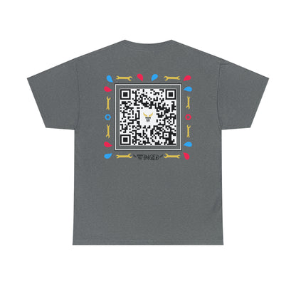 Augmented Reality T-shirt for adults with QR code that displays digital ROBOT wings when pointed with the camera New Trend in Digital Fashion