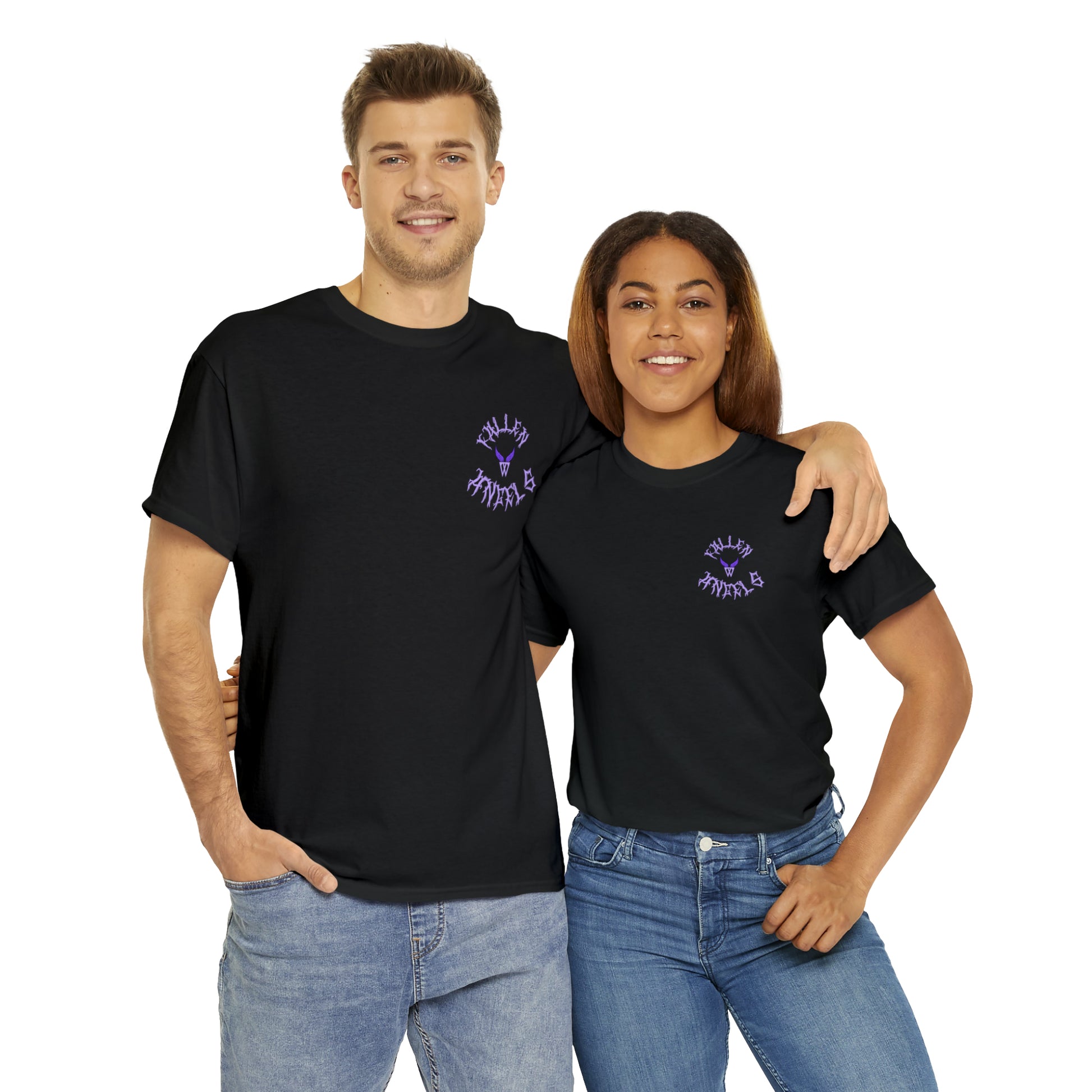 Augmented Reality T-shirt for adults with QR code that displays digital DEMON wings when pointed with the camera New Trend in Digital Fashion couple
