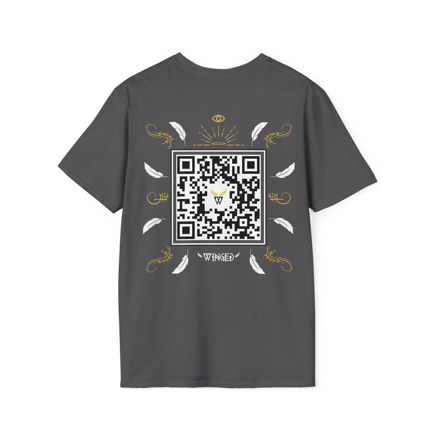 Augmented Reality T-shirt for adults with QR code that displays digital ANGEL wings when pointed with the camera New Trend in Digital Fashion