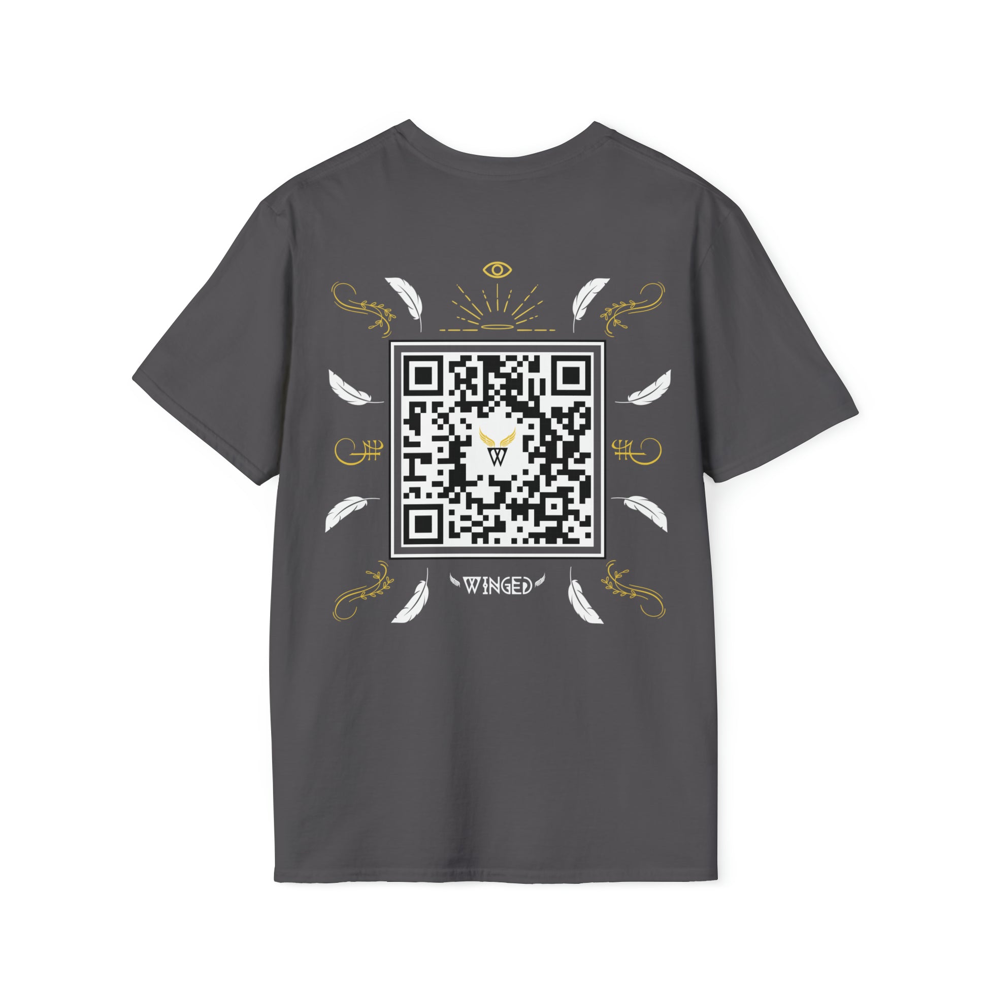 Augmented Reality T-shirt for adults with QR code that displays digital ANGEL wings when pointed with the camera New Trend in Digital Fashion
