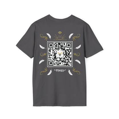 Augmented Reality T-shirt for adults with QR code that displays digital ANGEL wings when pointed with the camera New Trend in Digital Fashion