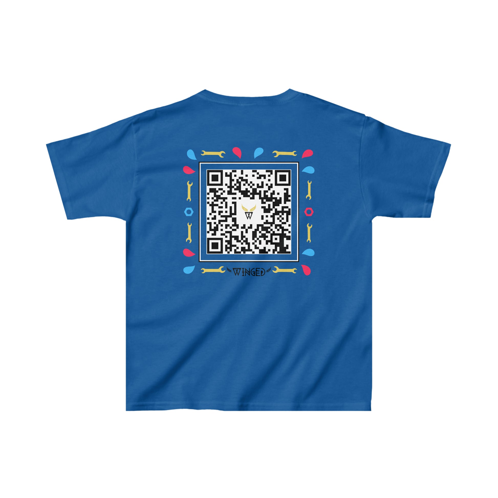 ROBOT Kids T-shirt with Wings in Augmented Reality QR code that displays digital wings when pointed with the camera