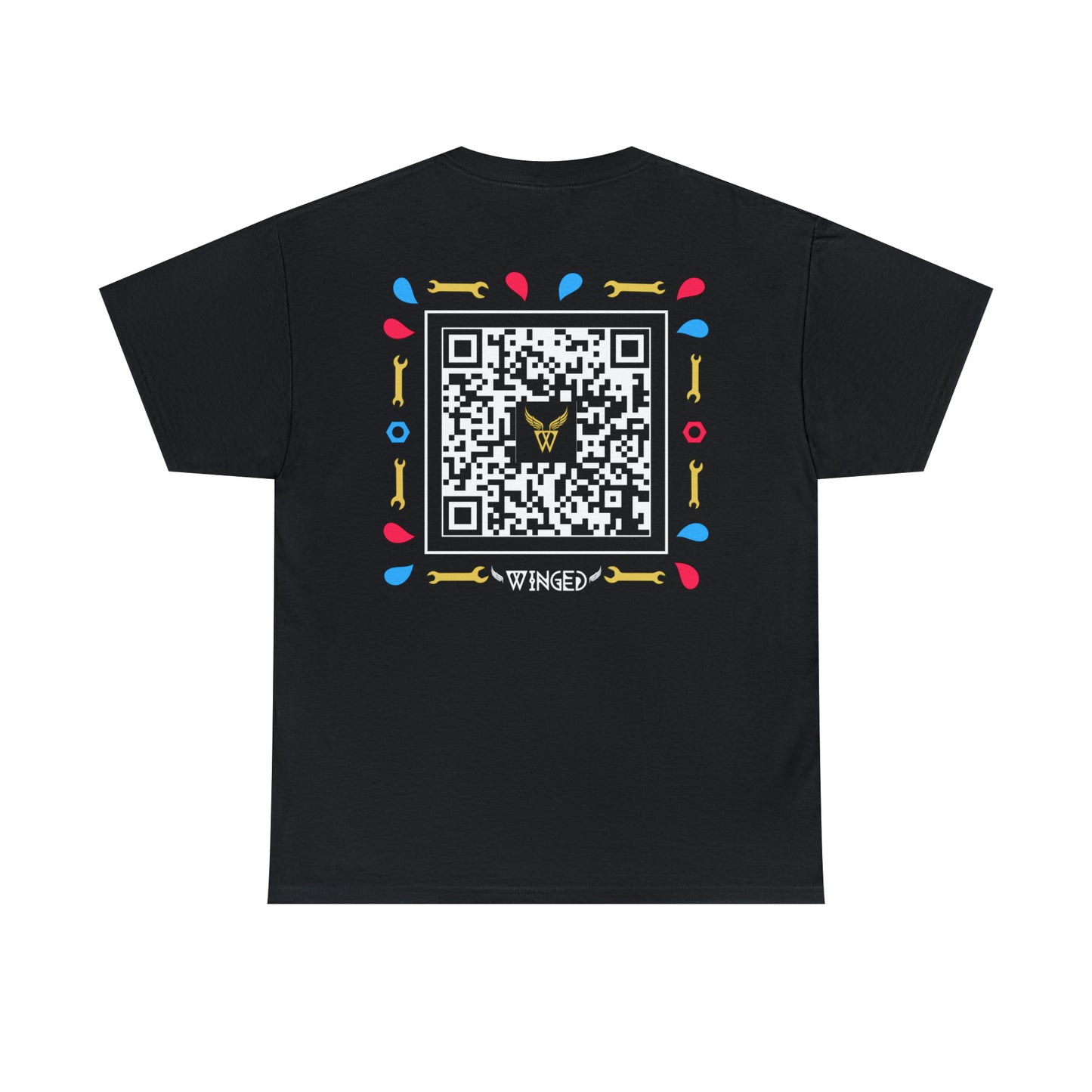 Augmented Reality T-shirt for adults with QR code that displays digital ROBOT wings when pointed with the camera New Trend in Digital Fashion