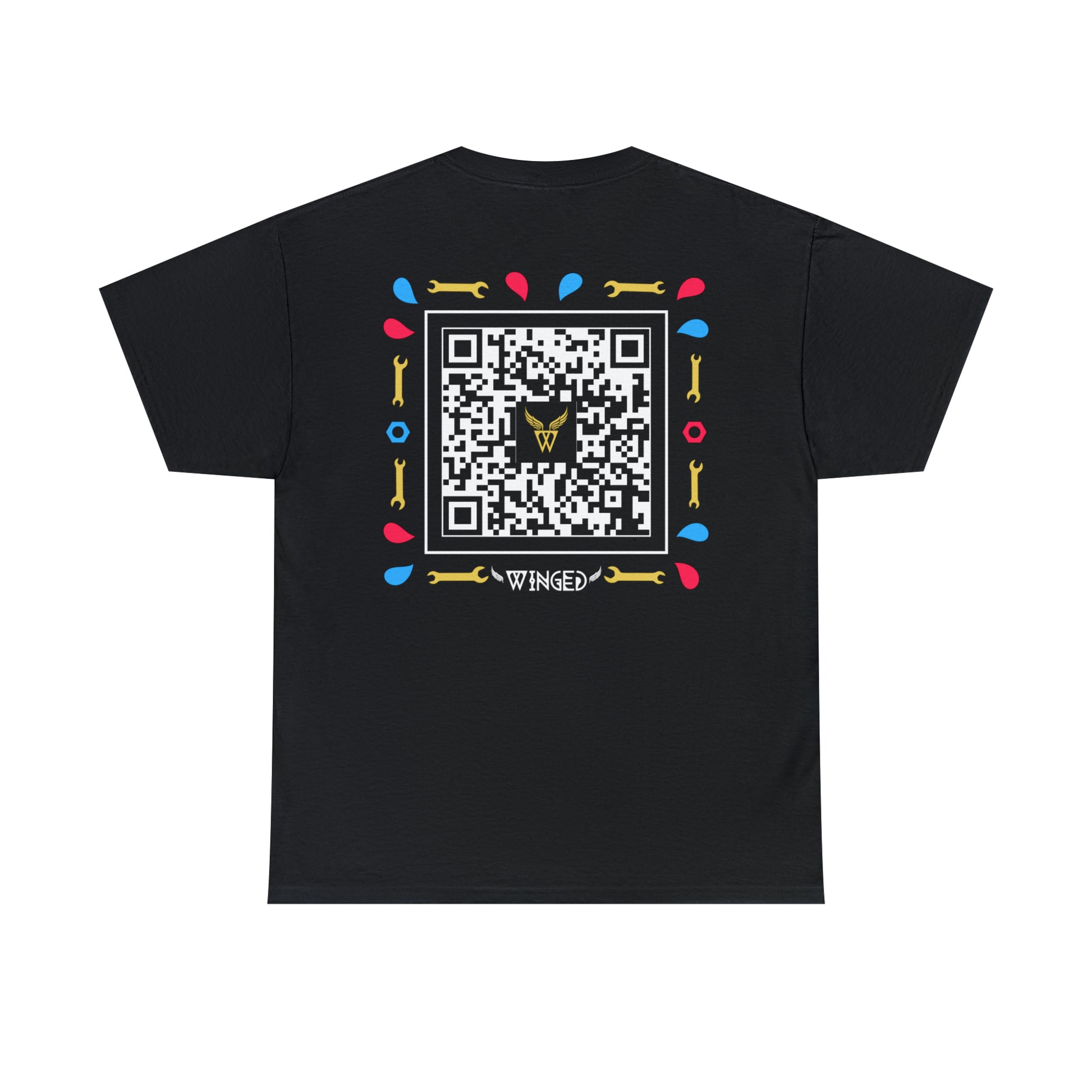 Augmented Reality T-shirt for adults with QR code that displays digital ROBOT wings when pointed with the camera New Trend in Digital Fashion