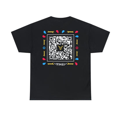 Augmented Reality T-shirt for adults with QR code that displays digital ROBOT wings when pointed with the camera New Trend in Digital Fashion