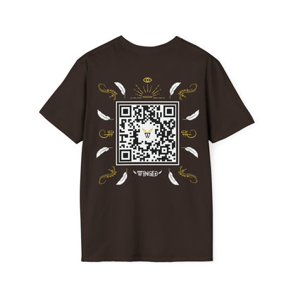 Augmented Reality T-shirt for adults with QR code that displays digital ANGEL wings when pointed with the camera New Trend in Digital Fashion