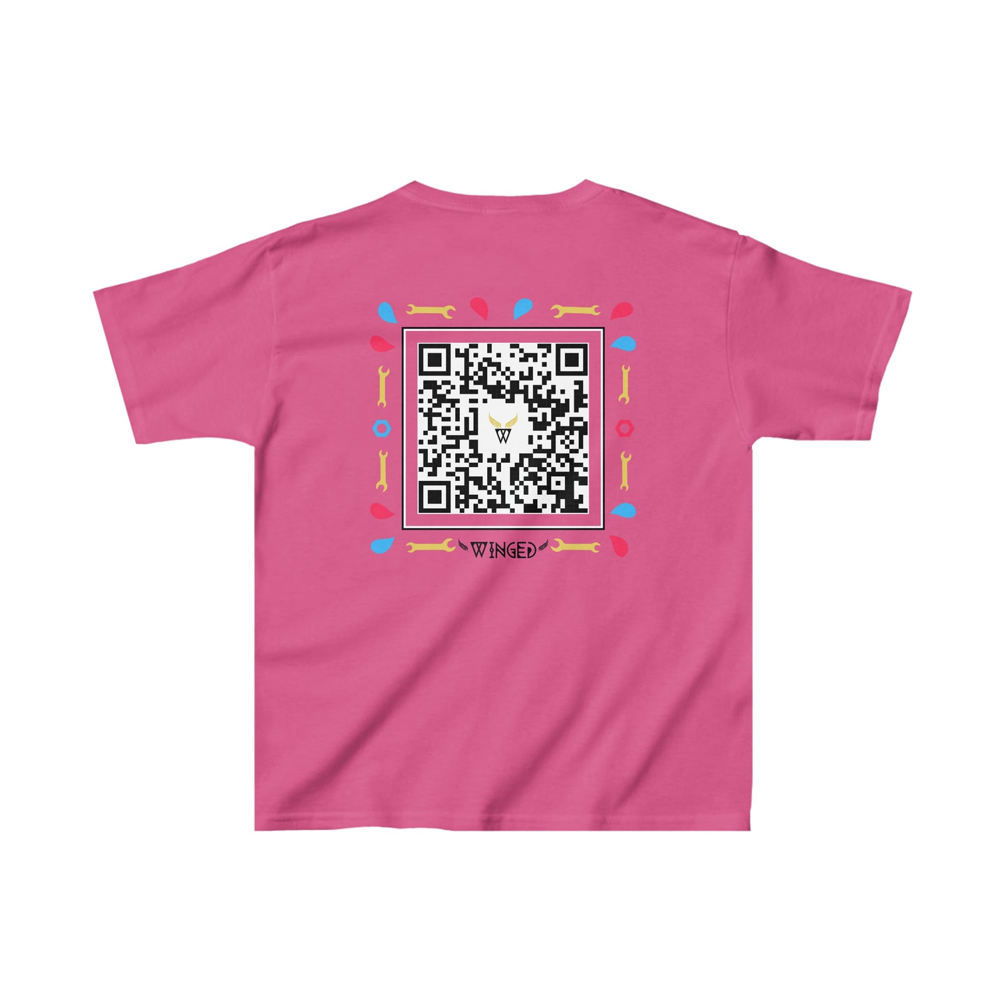 ROBOT Kids T-shirt with Wings in Augmented Reality QR code that displays digital wings when pointed with the camera