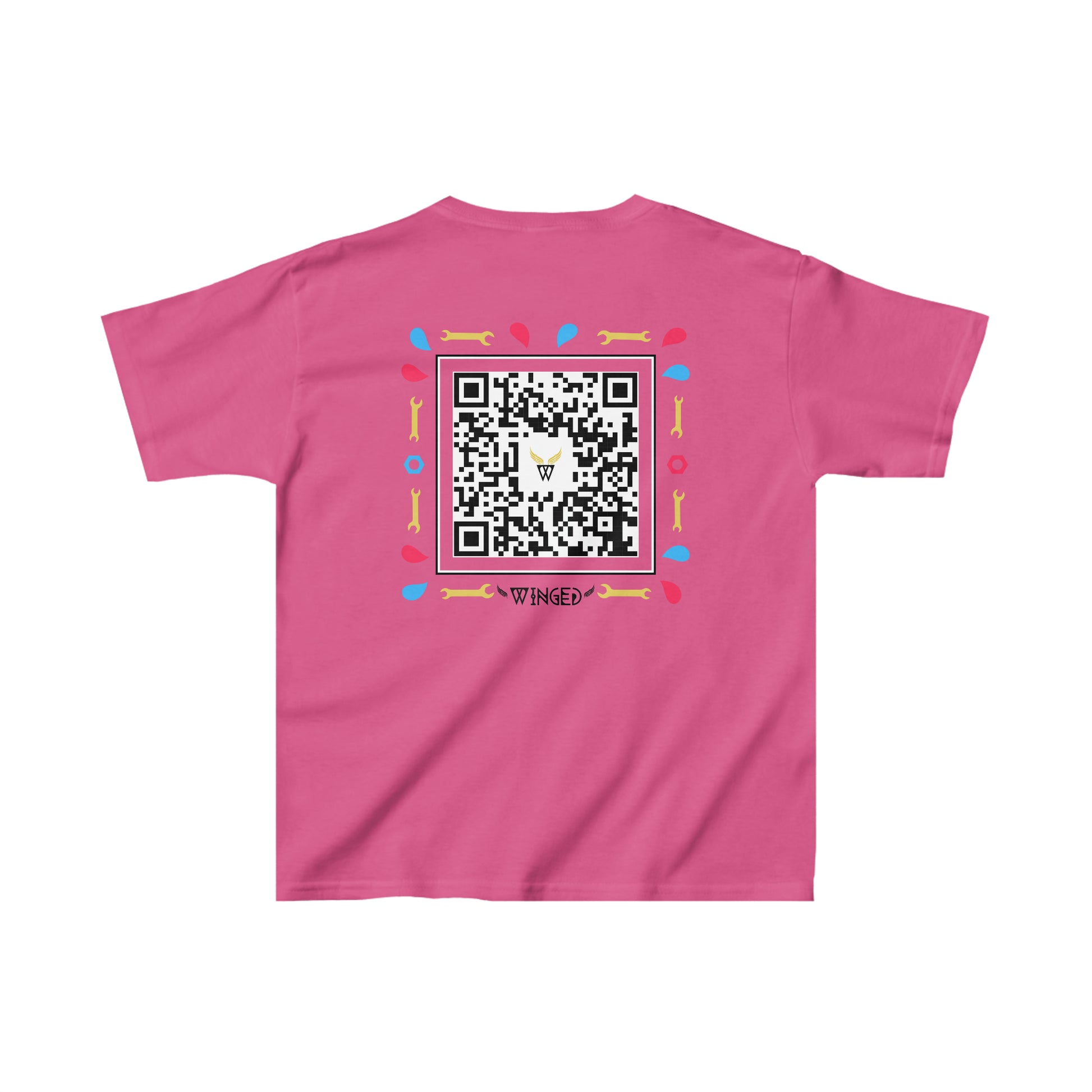 ROBOT Kids T-shirt with Wings in Augmented Reality QR code that displays digital wings when pointed with the camera