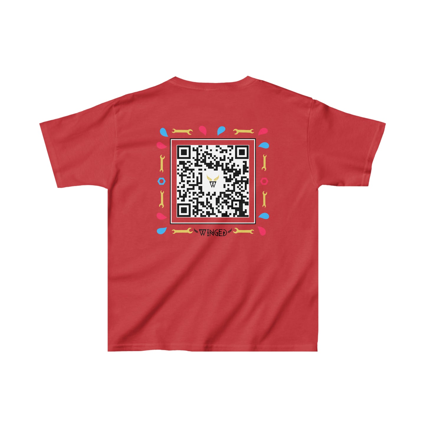ROBOT Kids T-shirt with Wings in Augmented Reality QR code that displays digital wings when pointed with the camera