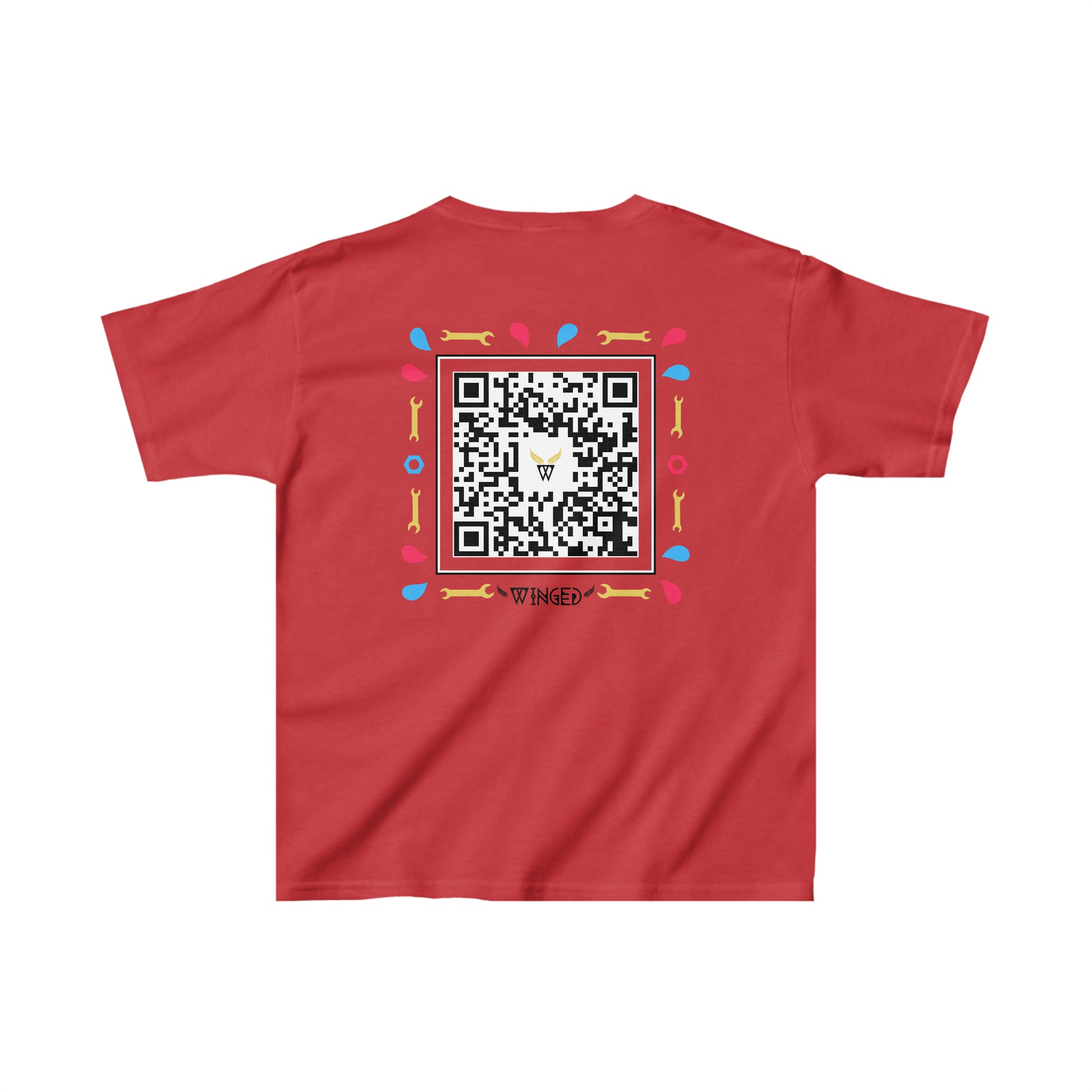 ROBOT Kids T-shirt with Wings in Augmented Reality QR code that displays digital wings when pointed with the camera