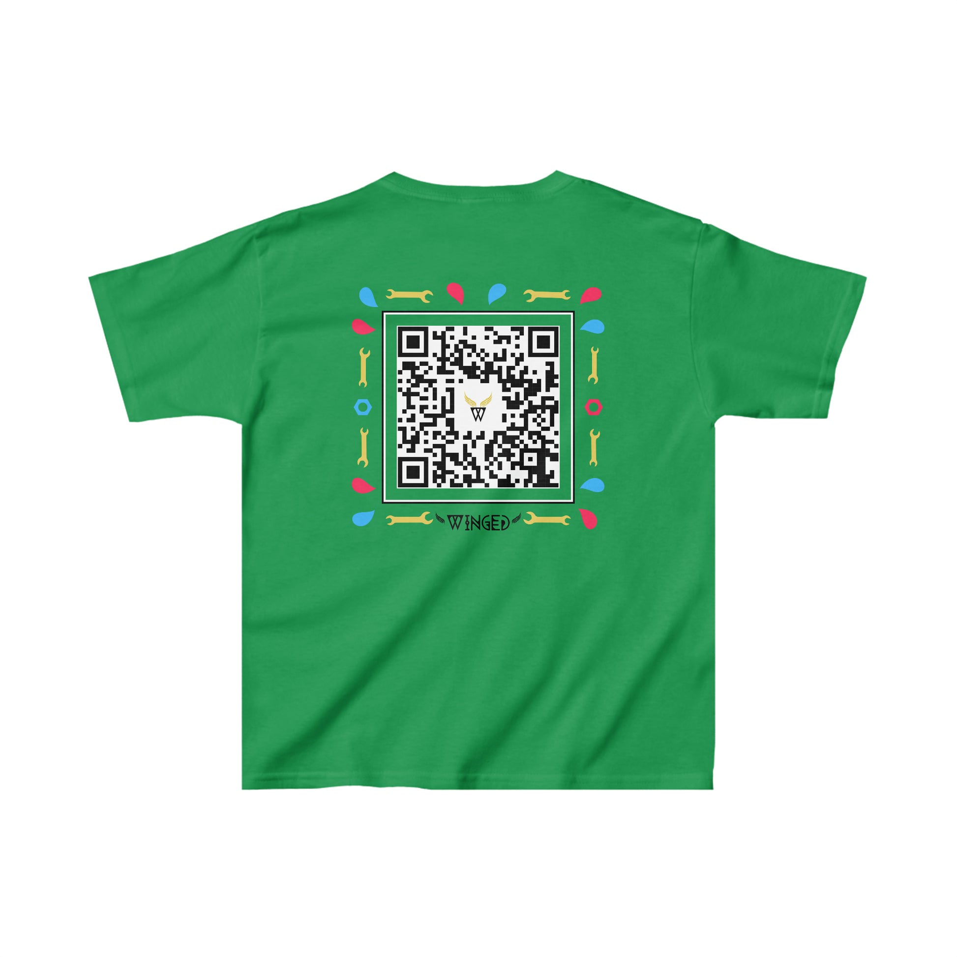 ROBOT Kids T-shirt with Wings in Augmented Reality QR code that displays digital wings when pointed with the camera