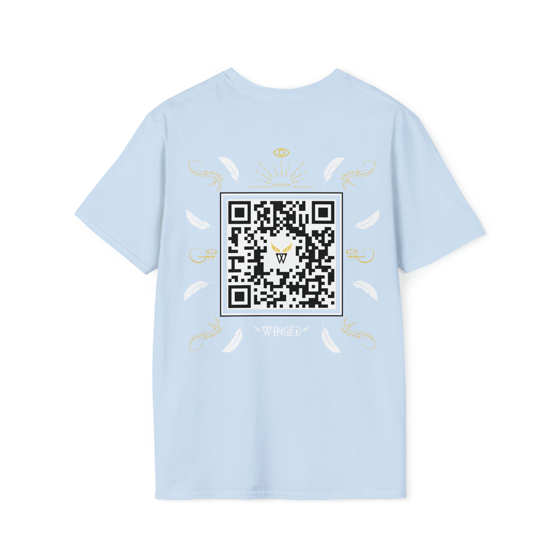 Augmented Reality T-shirt for adults with QR code that displays digital ANGEL wings when pointed with the camera New Trend in Digital Fashion