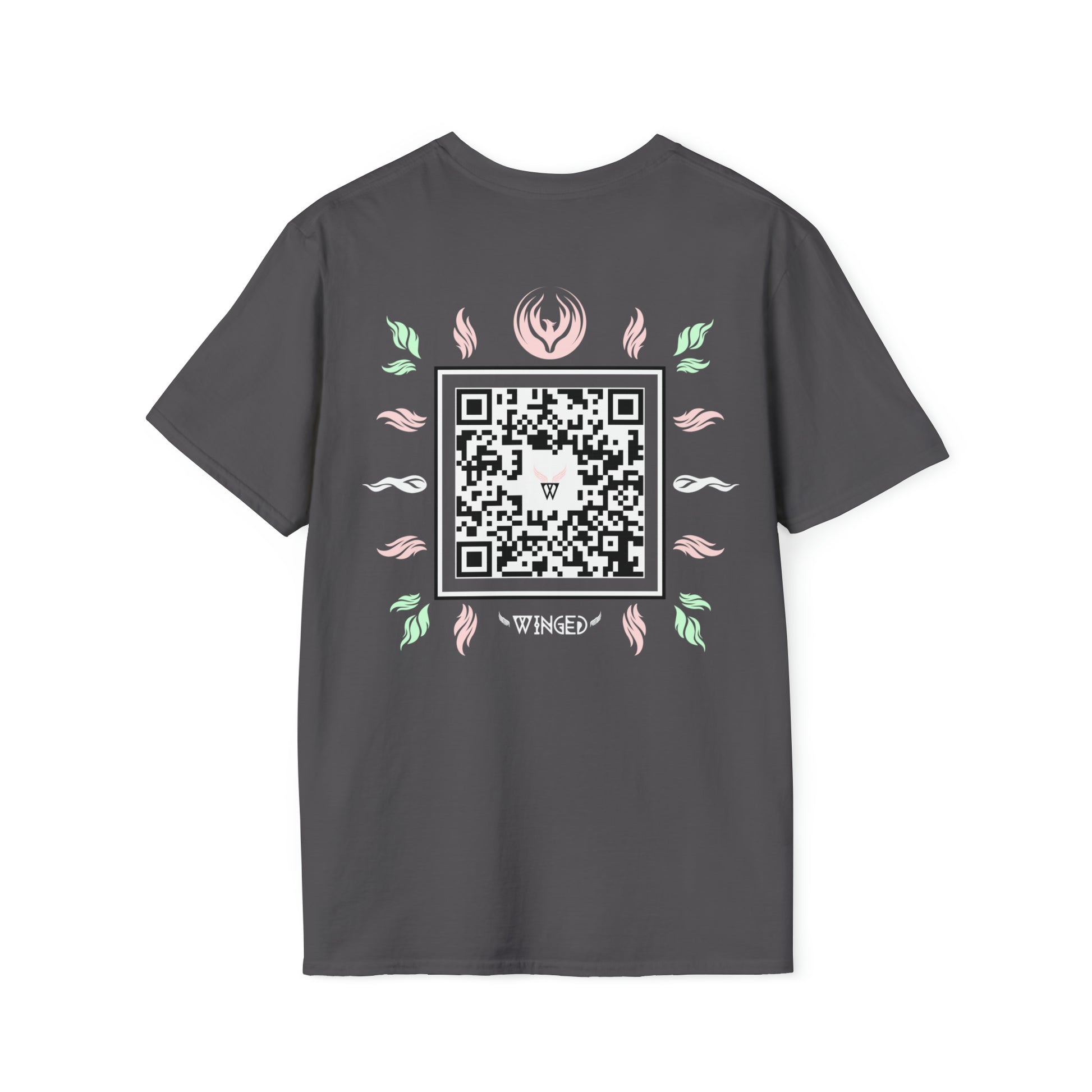 Augmented Reality T-shirt with Phoenix Wings for adults with QR code that displays digital wings when pointed with the camera New Trend in Digital Fashion