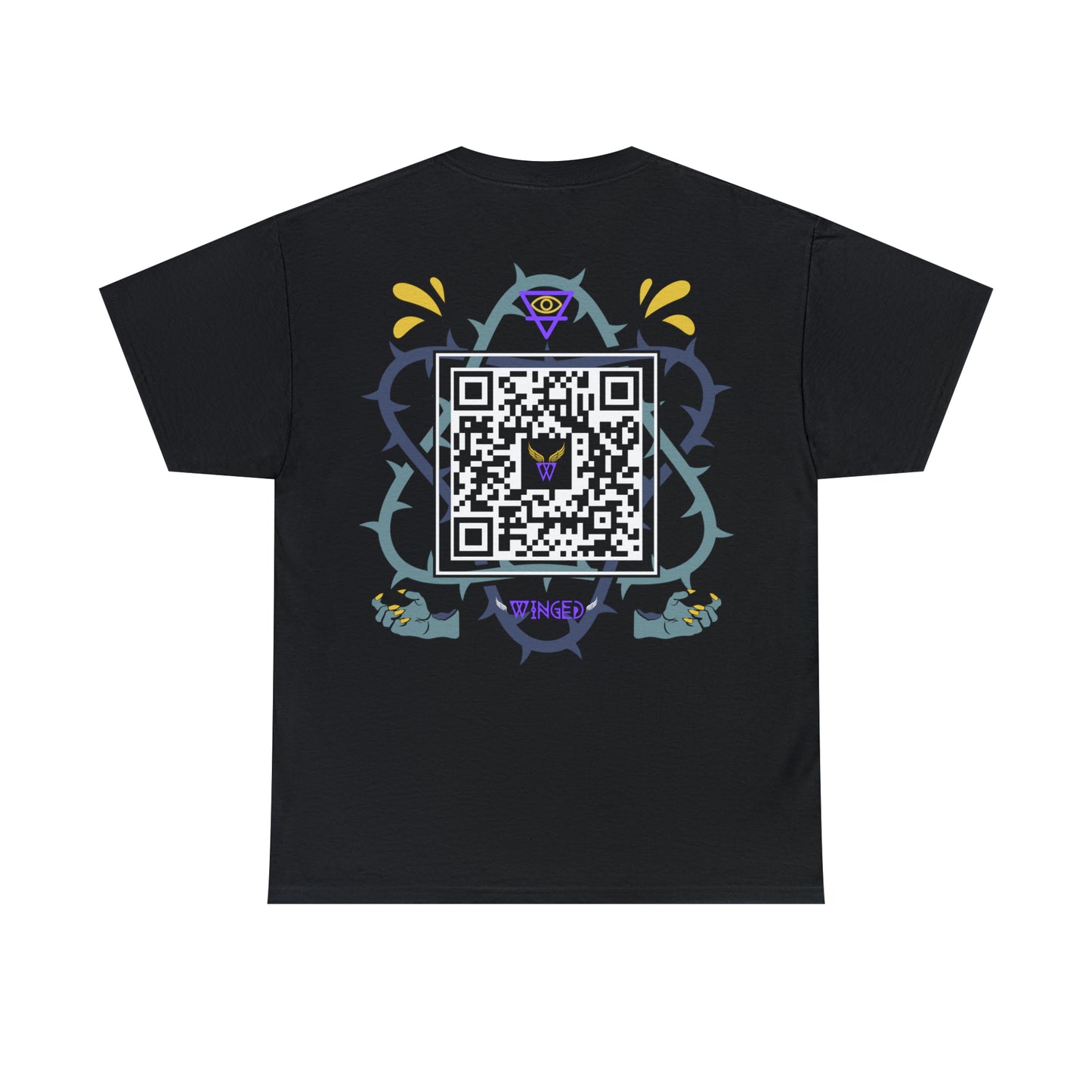 Augmented Reality T-shirt with wings for adults with QR code that displays digital DEMON wings when pointed with the camera New Trend in Digital Fashion