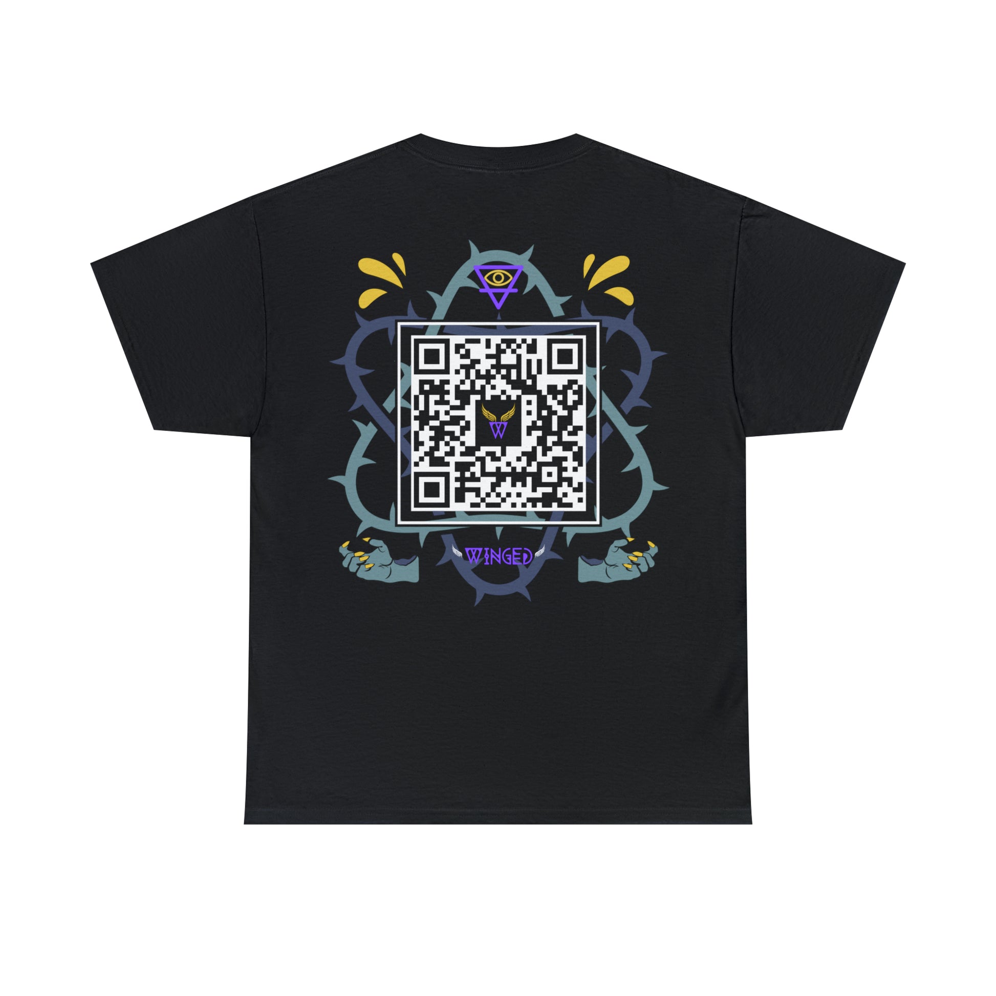 Augmented Reality T-shirt with wings for adults with QR code that displays digital DEMON wings when pointed with the camera New Trend in Digital Fashion