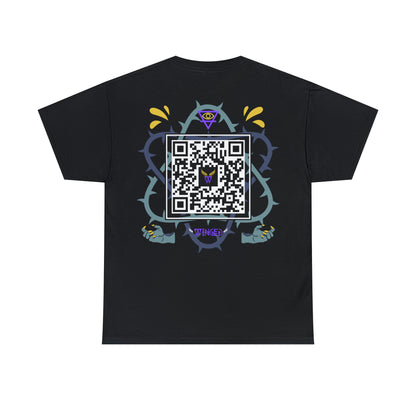 Augmented Reality T-shirt with wings for adults with QR code that displays digital DEMON wings when pointed with the camera New Trend in Digital Fashion