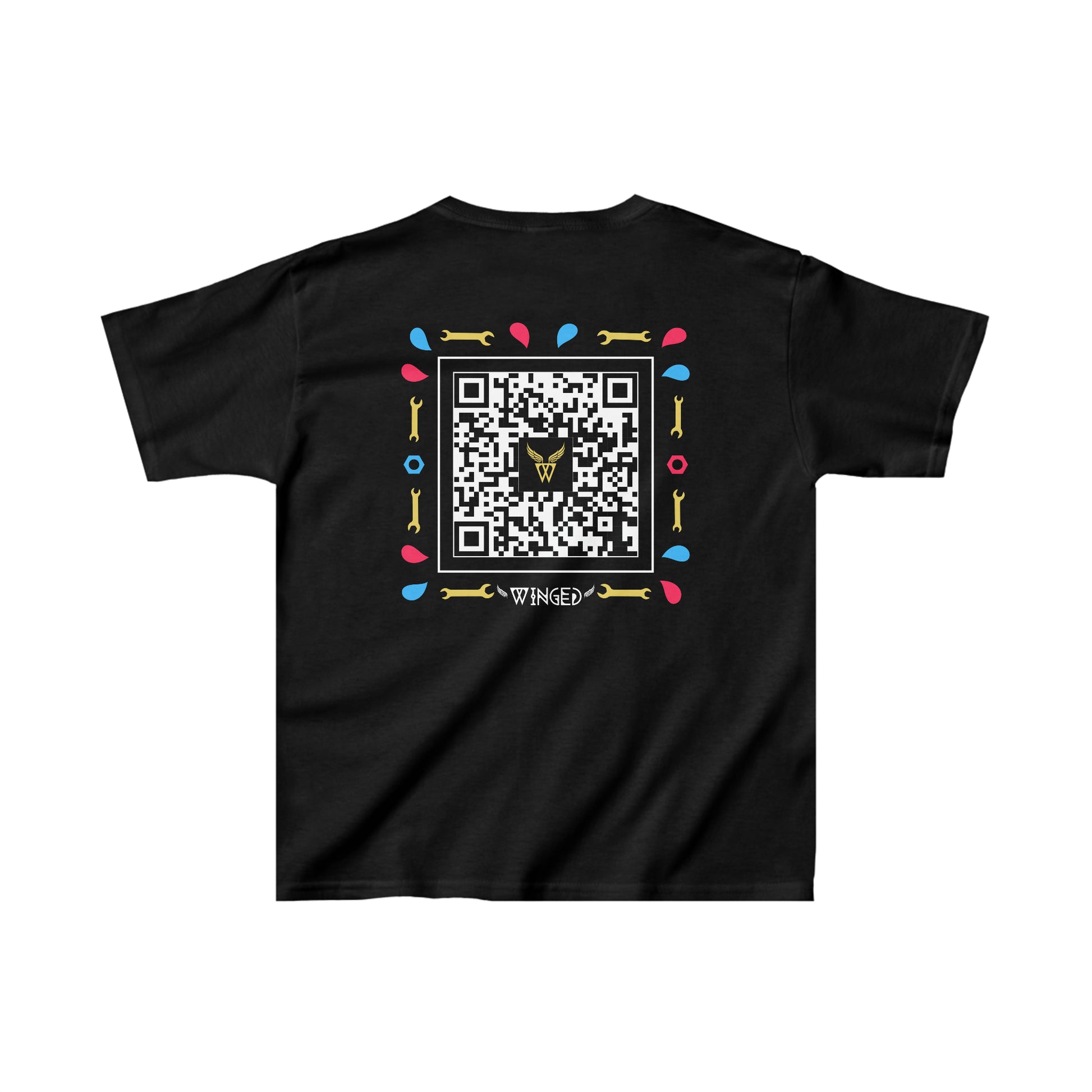 ROBOT Kids T-shirt with Wings in Augmented Reality QR code that displays digital wings when pointed with the camera