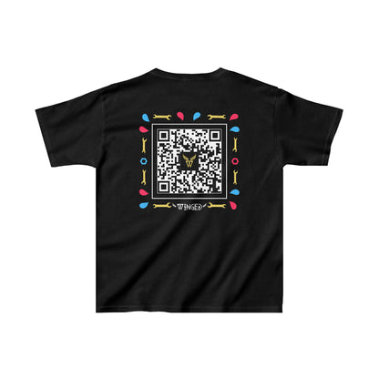 ROBOT Kids T-shirt with Wings in Augmented Reality QR code that displays digital wings when pointed with the camera