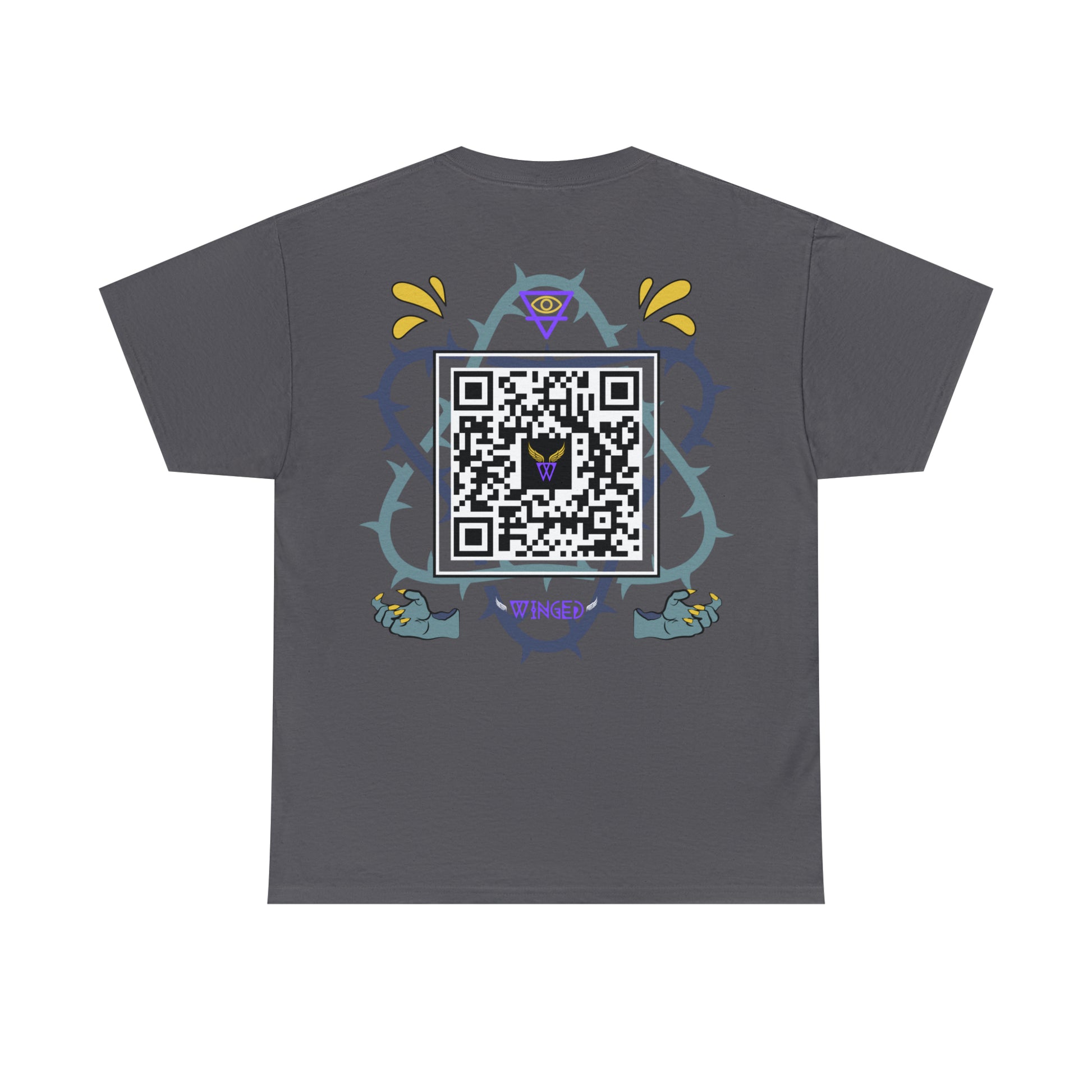Augmented Reality T-shirt for adults with QR code that displays digital DEMON wings when pointed with the camera New Trend in Digital Fashion