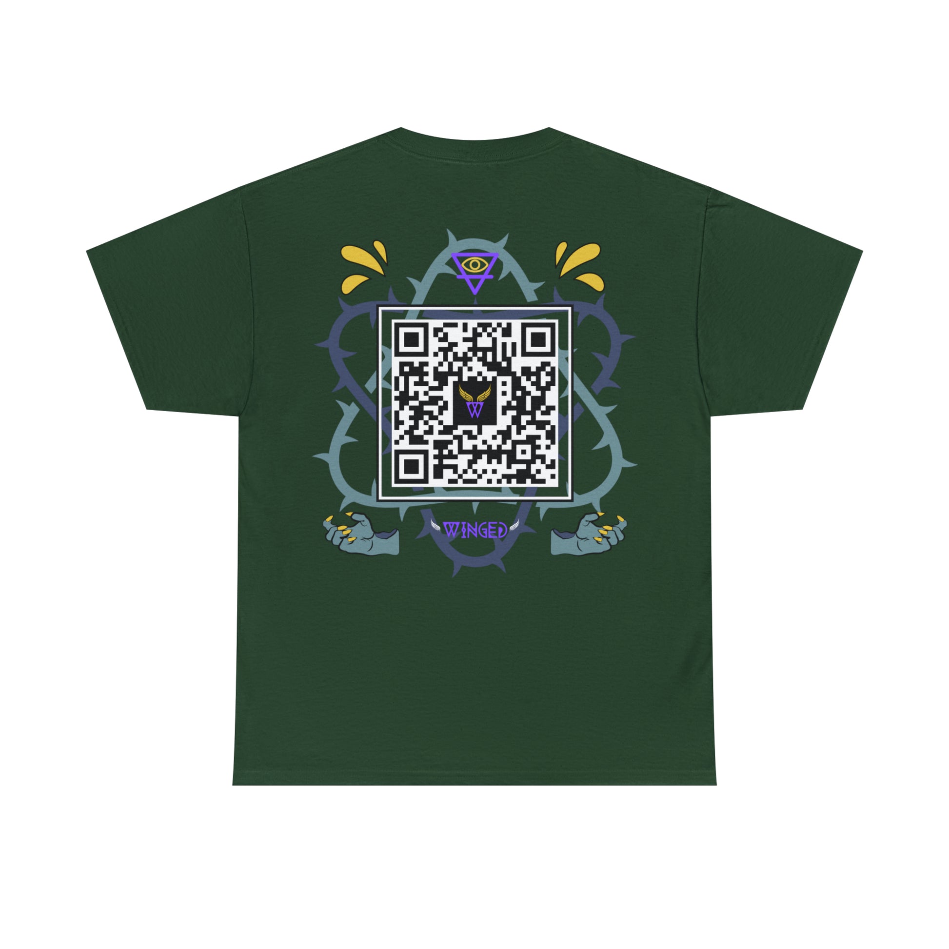 Augmented Reality T-shirt for adults with QR code that displays digital DEMON wings when pointed with the camera New Trend in Digital Fashion
