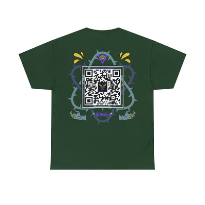 Augmented Reality T-shirt for adults with QR code that displays digital DEMON wings when pointed with the camera New Trend in Digital Fashion
