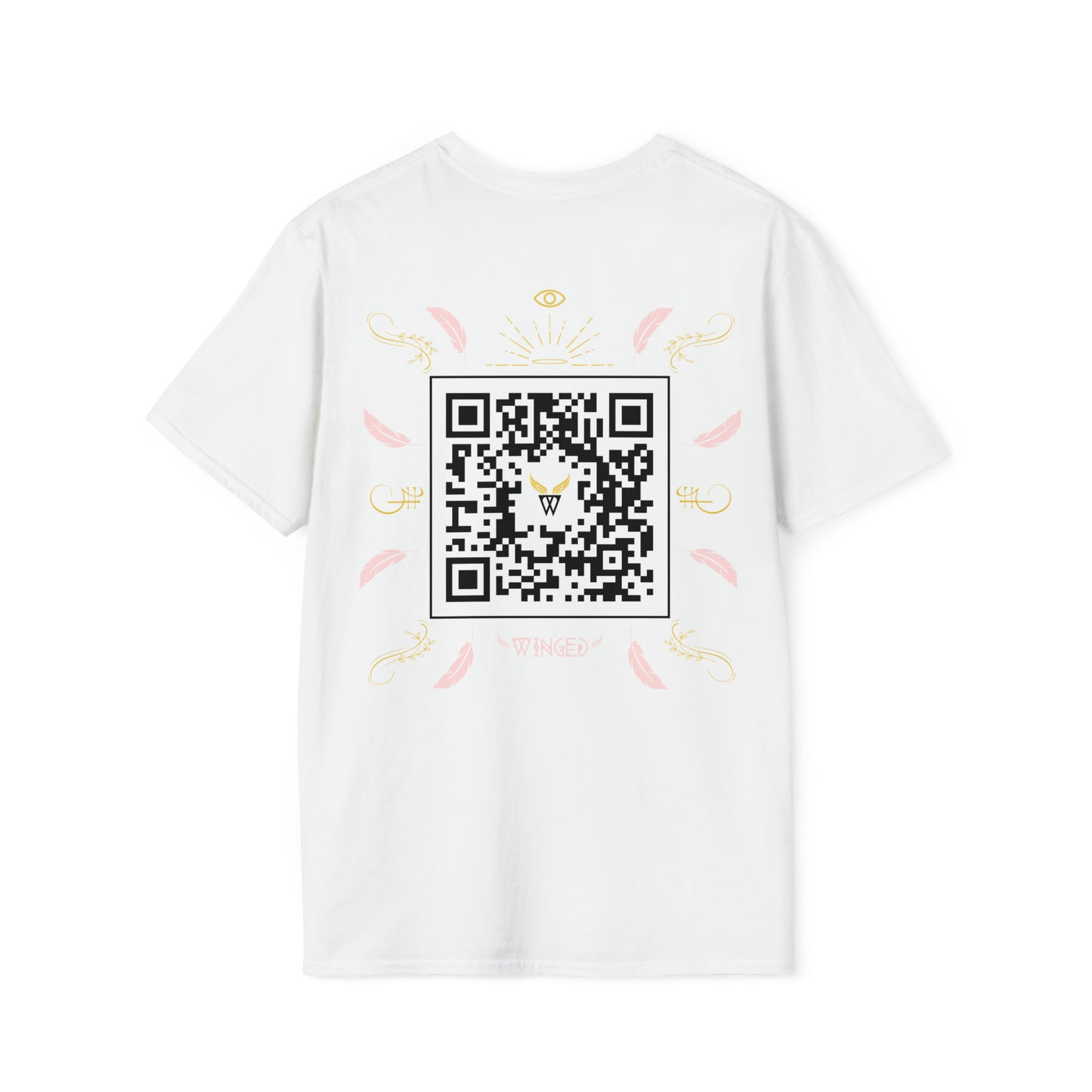 Augmented Reality T-shirt for adults with QR code that displays digital ANGEL wings when pointed with the camera New Trend in Digital Fashion