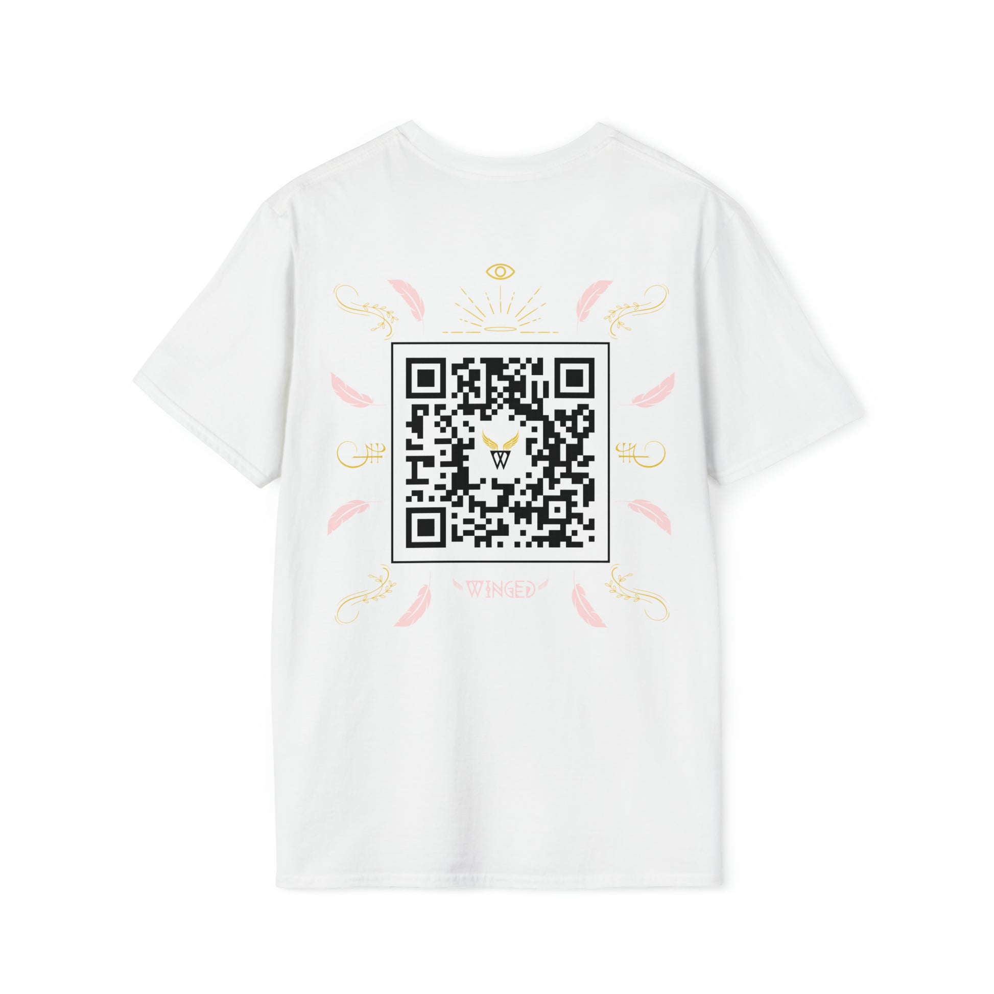 Augmented Reality T-shirt for adults with QR code that displays digital ANGEL wings when pointed with the camera New Trend in Digital Fashion