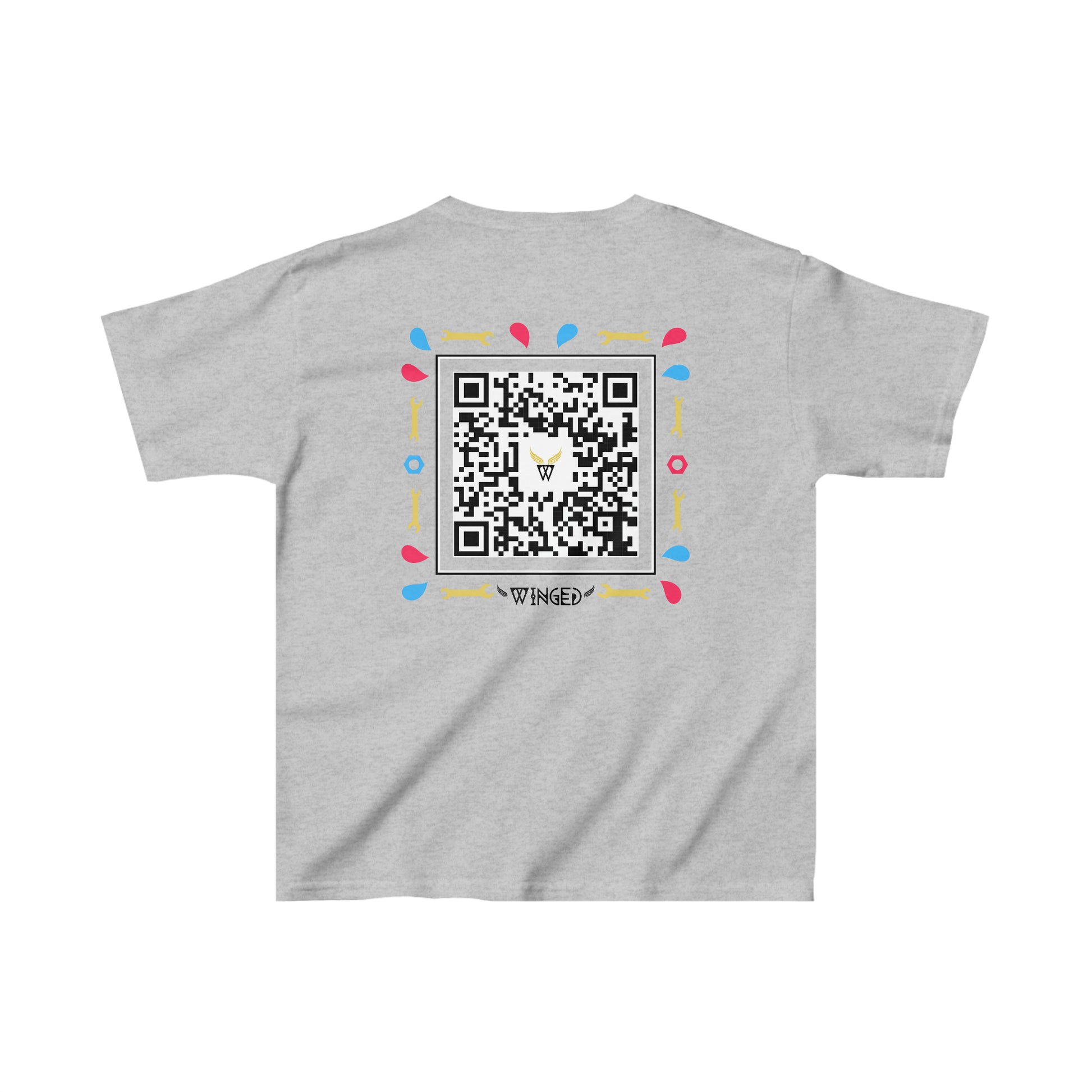ROBOT Kids T-shirt with Wings in Augmented Reality QR code that displays digital wings when pointed with the camera