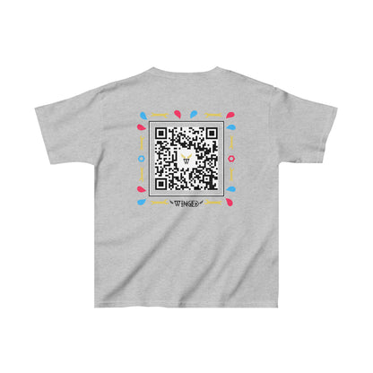 ROBOT Kids T-shirt with Wings in Augmented Reality QR code that displays digital wings when pointed with the camera